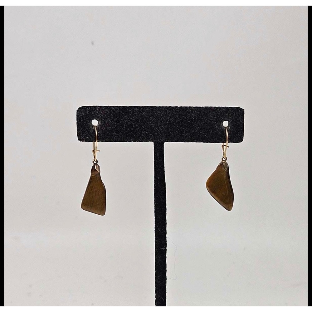 Gold Tone Tiger's Eye Dangle Pierced Earrings 1" Freeform Polished Stone Brown